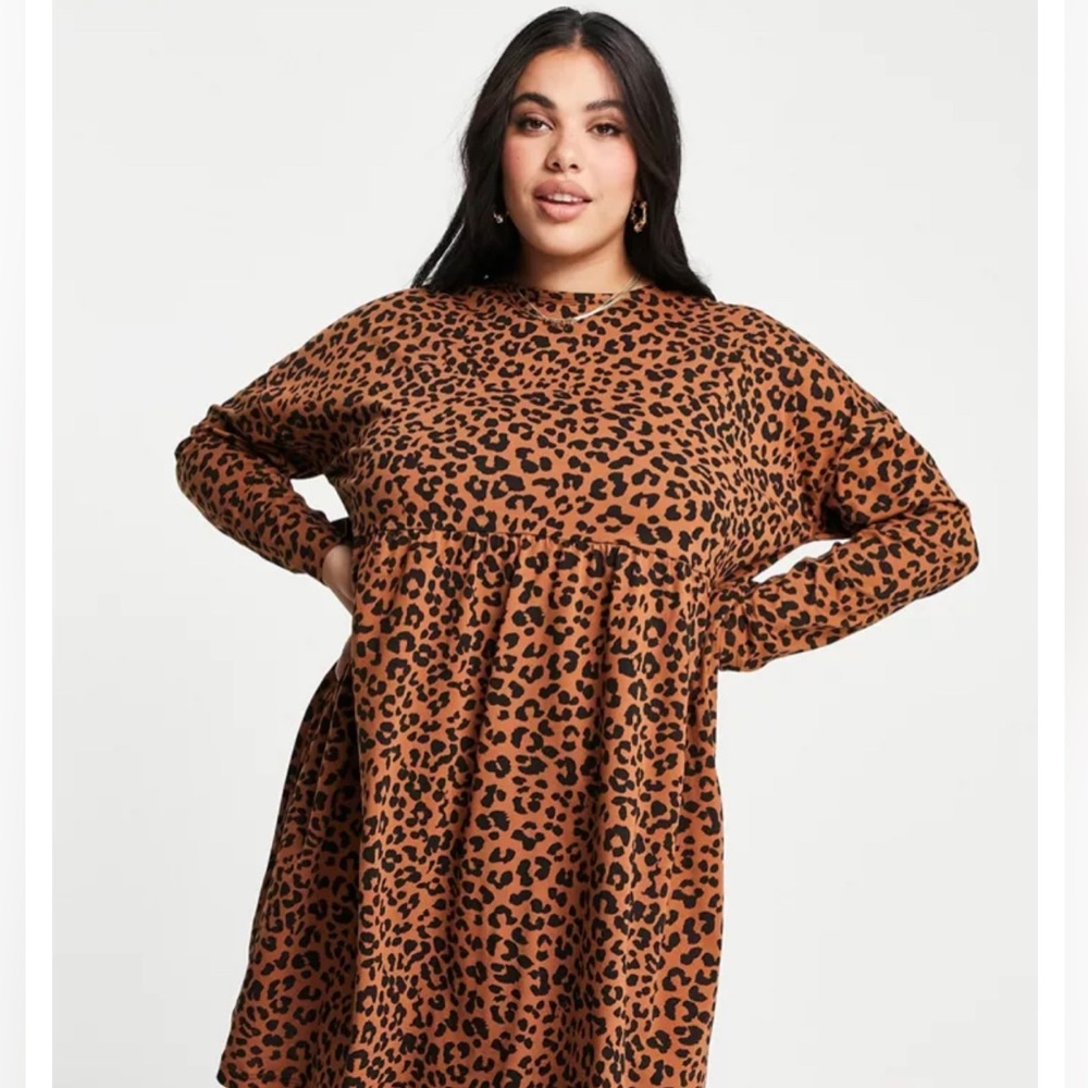 ASOS Design Curve Smock Mini Dress Leopard Dress with Long Sleeve Size 16